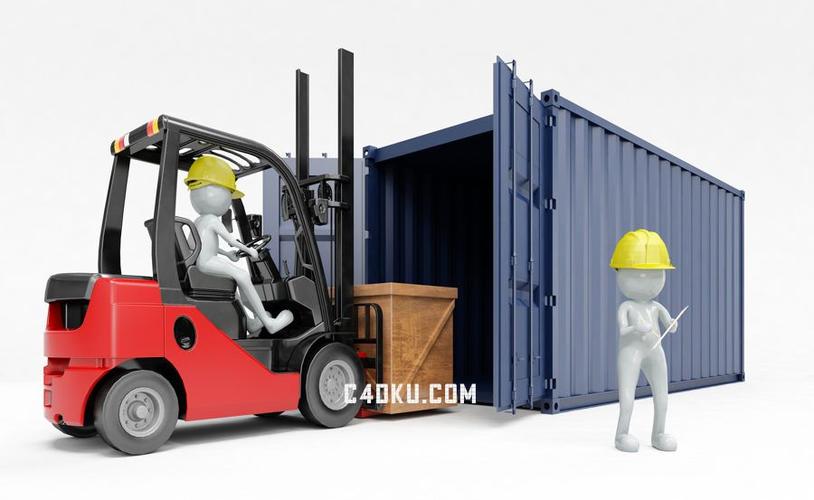 红色叉车实木产品包装箱工人作业安全帽货物运输集装箱max模型